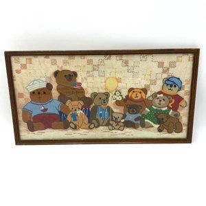 Vintage Handmade Yarn Art Child's Nursery Wooden Framed Picture Colorful Bears